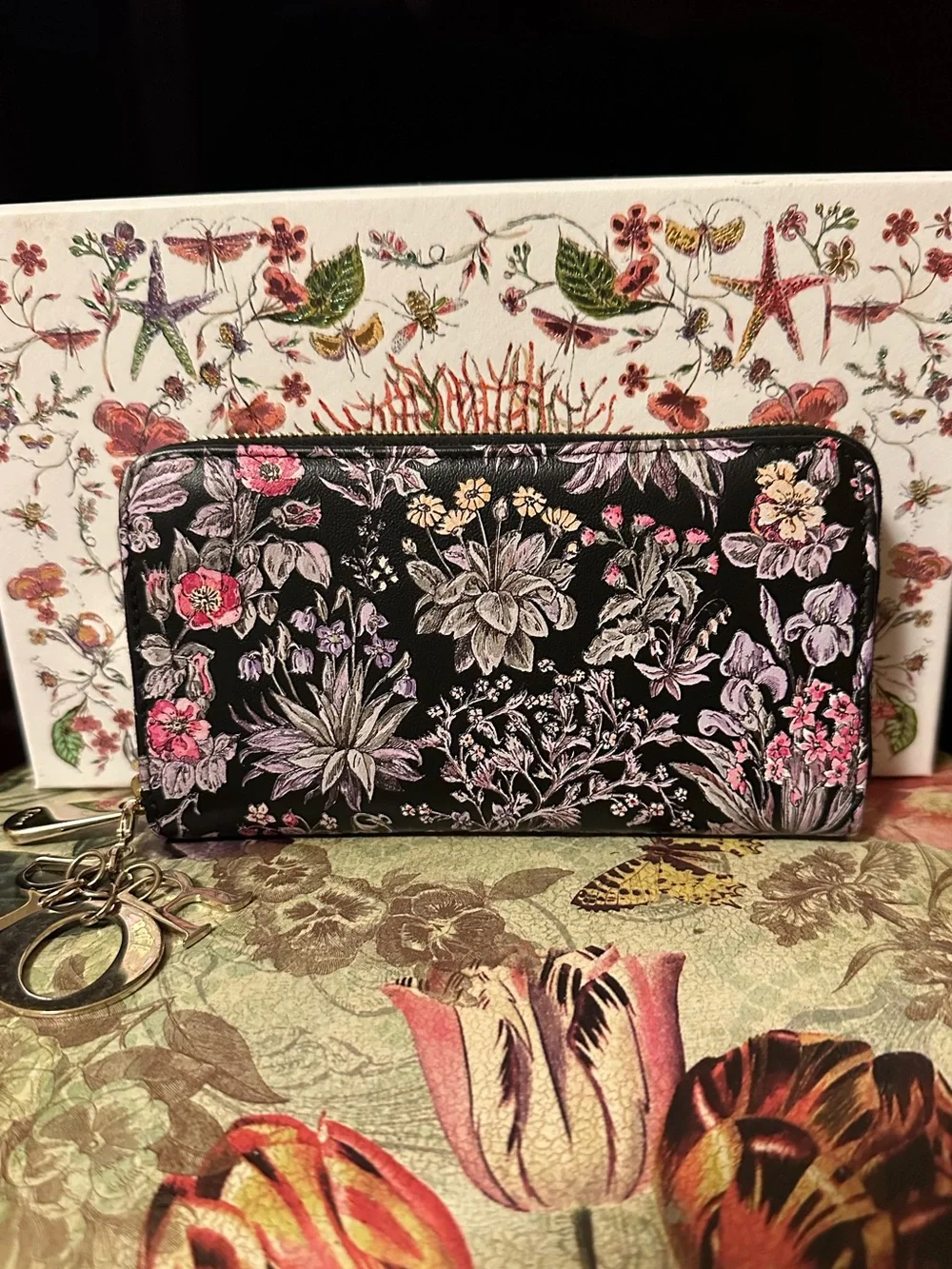 Dior Calfskin Millefiori Printed Lady Dior Zip Wallet Floral Black
